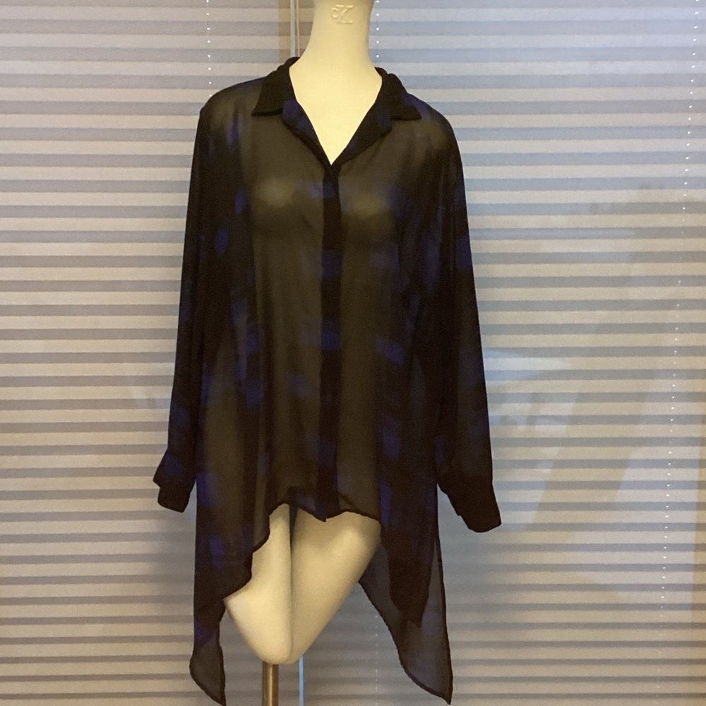Dex Sheer Black and Blue plaid Blouse